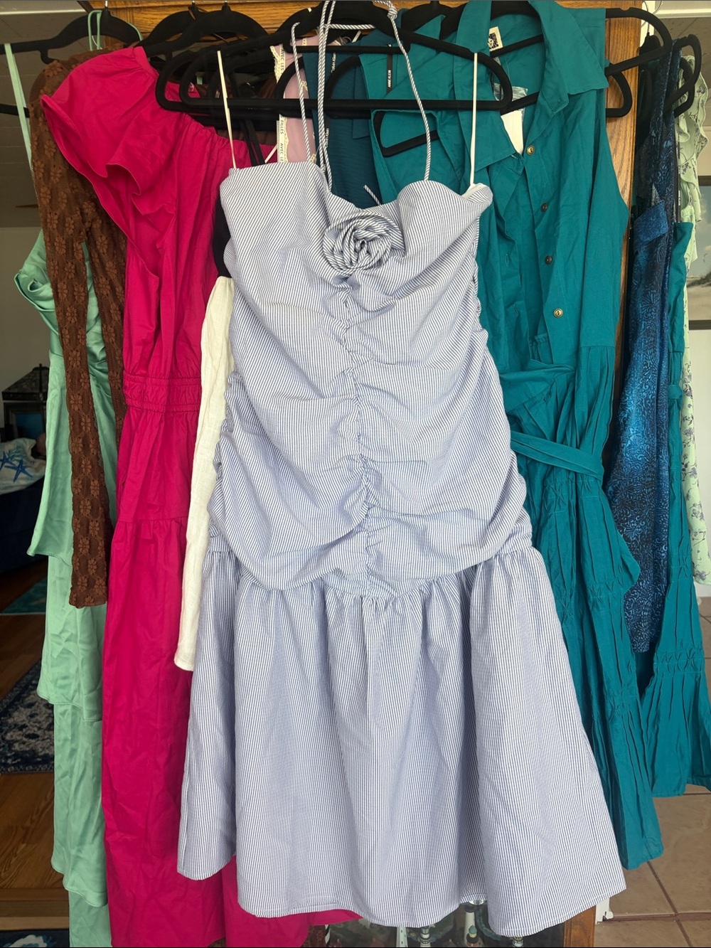 Light Blue Gingham Spaghetti Strap Sundress with Rosette
